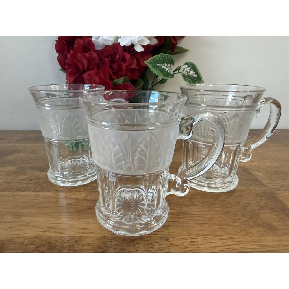 Vintage Libbey St Clair Frosted Pine Cone Glass Mugs Set MCM Holiday Dining